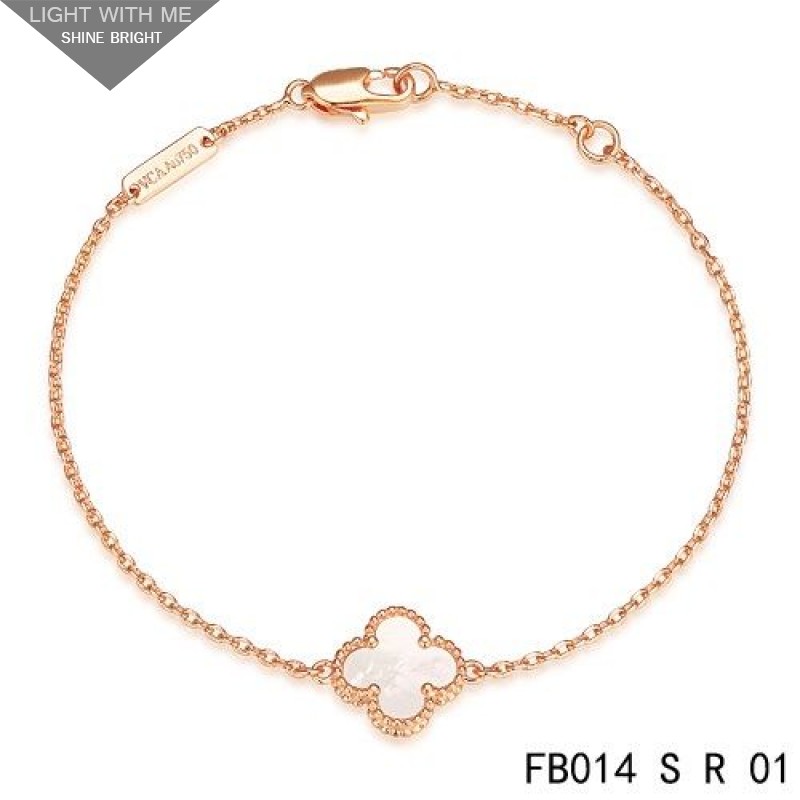 Van Cleef & Arpels White Mothe-of-parl Sweet Alhambra Clover Bracelet in Pink Gold