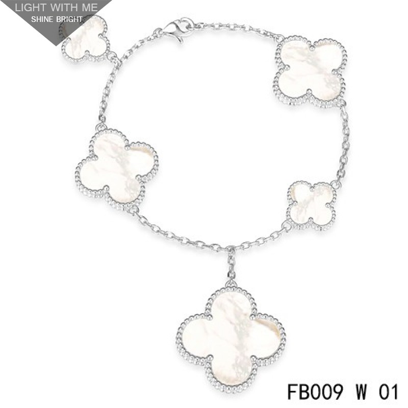 Van Cleef & Arpels Magic Alhambra 5 White Mother of Pearl Motifs White Gold Bracelet
