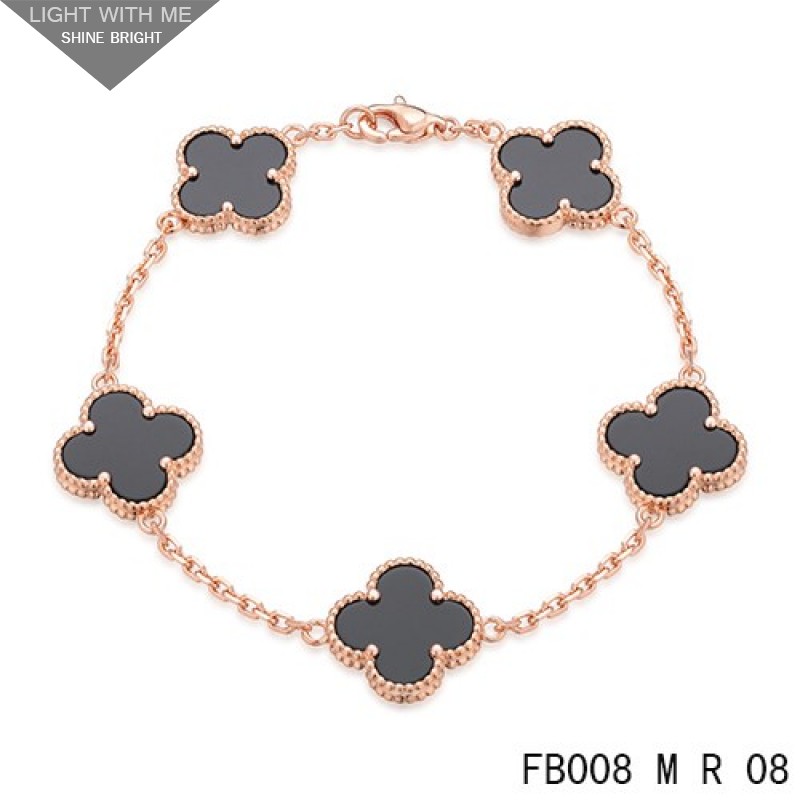 Van Cleef Arpels Pink Gold Vintage Alhambra 5 Black Onyx Motifs Bracelet