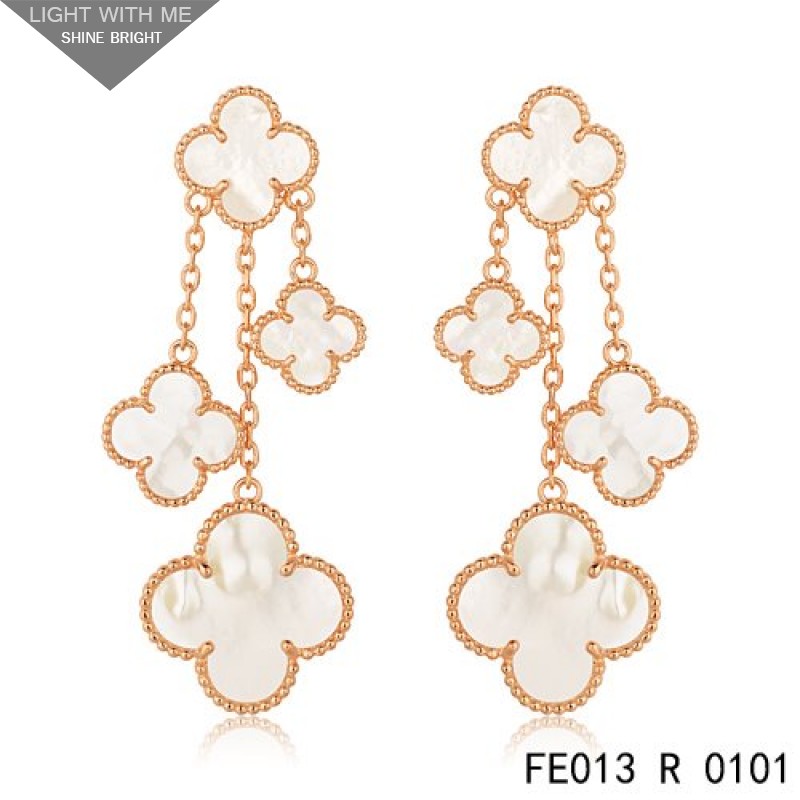 Van Cleef & Arpels Pink Gold Magic Alhambra Earclips,White Mother of Pearl 4 Motifs 