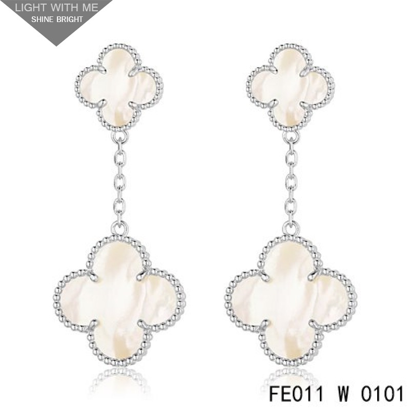 Van Cleef and Arpels White Gold Magic Alhambra 2 Motifs Earclips White Mother of Pearl