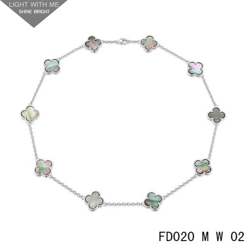 Van Cleef Arpels Vintage Alhambra Necklace White Gold 10 Motifs Gray Mother-of-Pearl