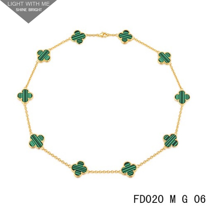 Van Cleef Arpels Vintage Alhambra Necklace Yellow Gold 10 Motifs Malachite
