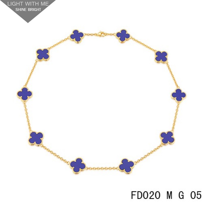 Van Cleef Arpels Vintage Alhambra Necklace Yellow Gold 10 Motifs Sapphire