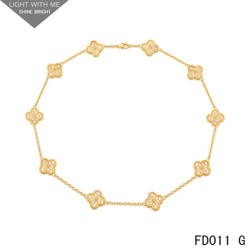 Van Cleef & Arpels Yellow Gold Vintage Alhambra Necklace 10 Motifs with Pave Diamonds 