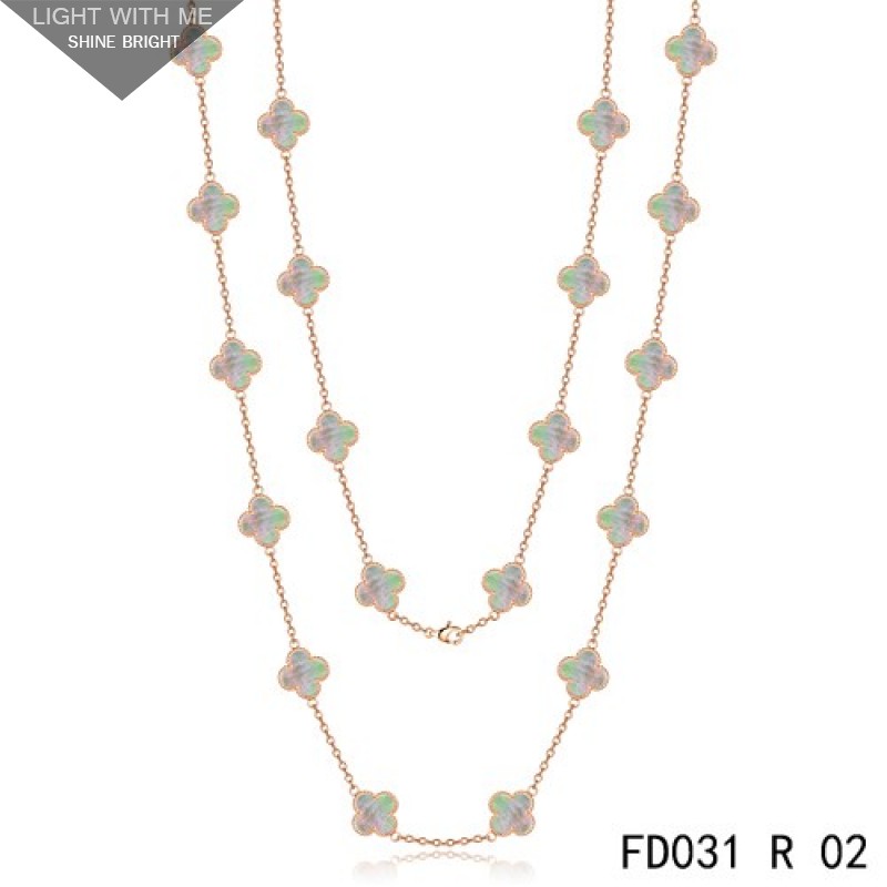 Van Cleef & Arpels Vintage Alhambra 20 Motifs Long Necklace Pink Gold Grey MOP