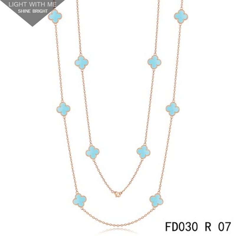 Van Cleef & Arpels Vintage Alhambra 10 Turquoise Motifs  Pink GoldLong Necklace