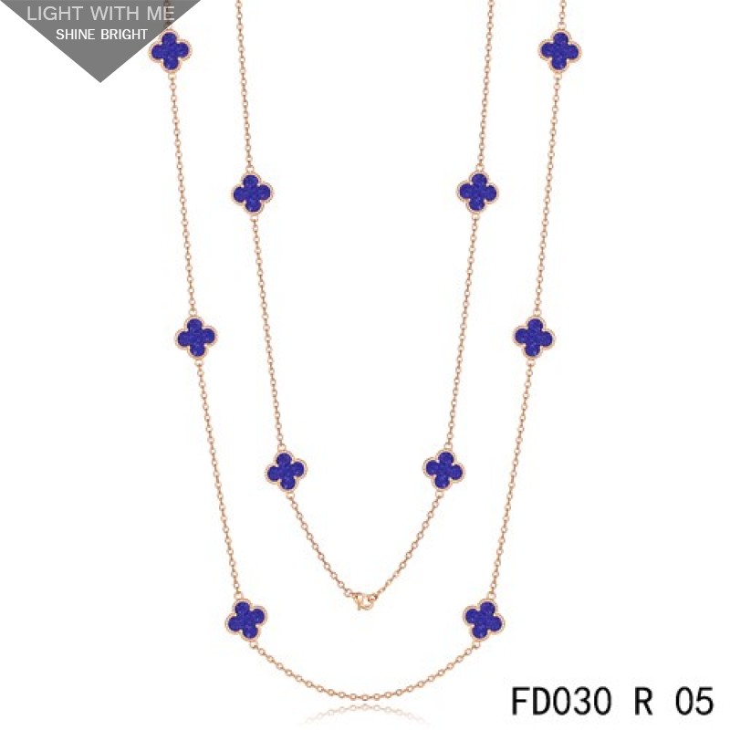 Van Cleef & Arpels Vintage Alhambra 10 Lapis lazuli Motif Pink Gold Long Necklace
