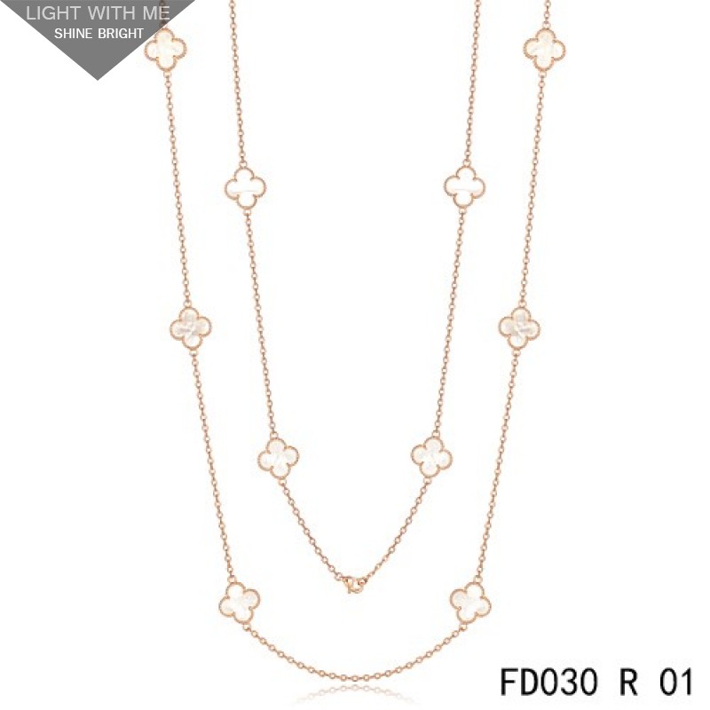 Van Cleef & Arpels Vintage Alhambra 10 White Mother of Pearl Motifs Pink Gold Long Necklace