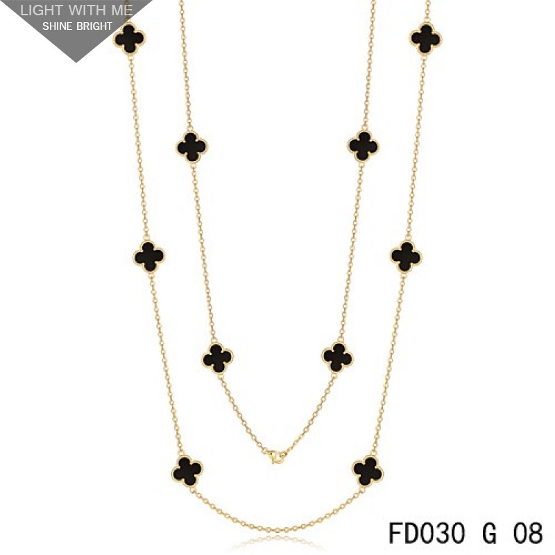 Van Cleef & Arpels Vintage Alhambra 10 Black Onyx Motifs Long Yellow Gold Necklace