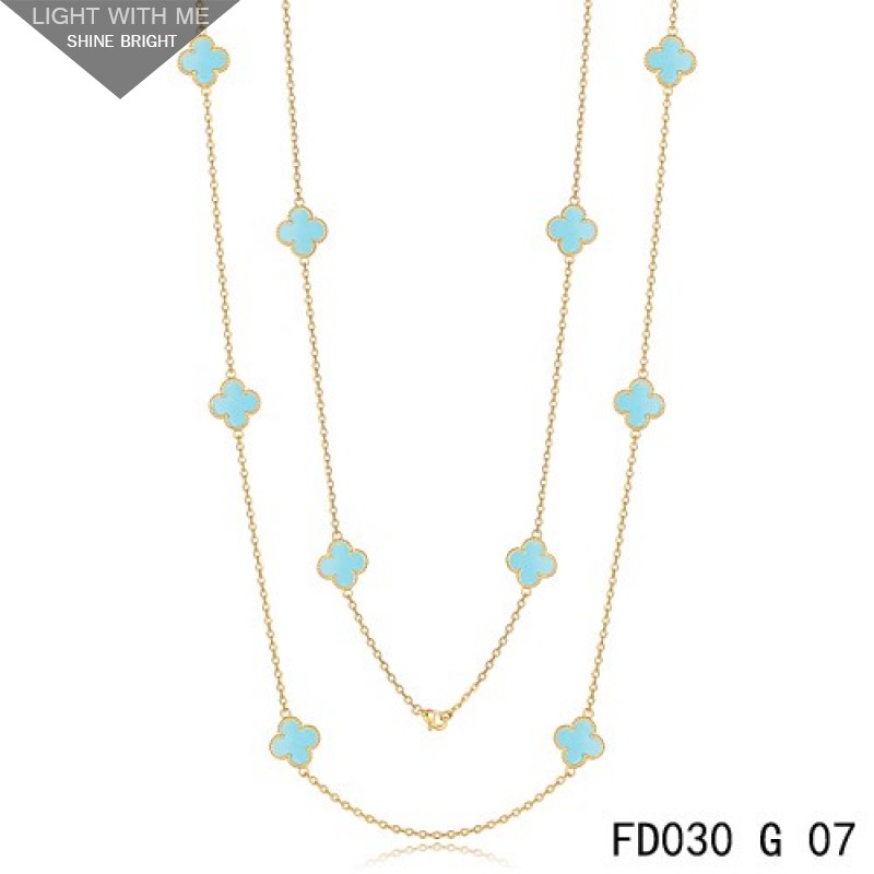Van Cleef & Arpels Vintage Alhambra 10 Turquoise Motifs Yellow Gold Long Necklace