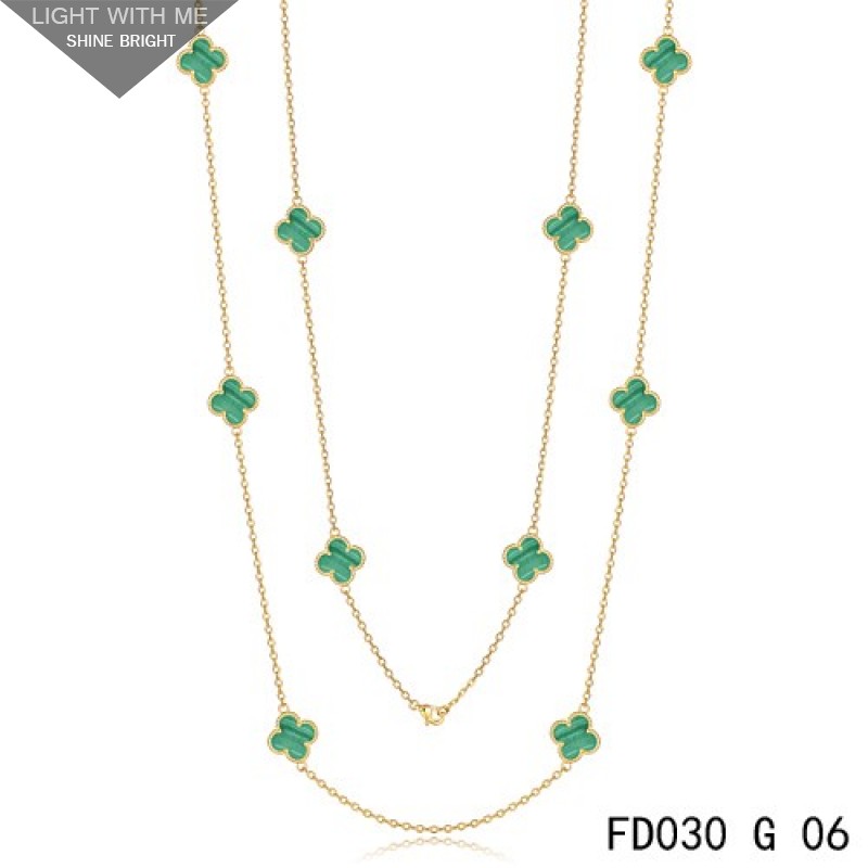 Van Cleef & Arpels Vintage Alhambra 10 Malachite Motifs Yellow Gold Long Necklace