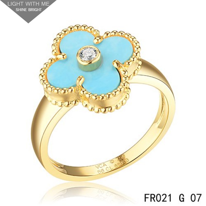 Van Cleef & Arpels Yellow Gold Vintage Alhambra Ring Turquoise with Diamond