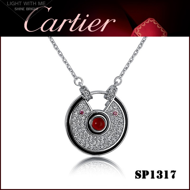 Amulette De Cartier Necklace in White Gold Paved Diamonds with Black Lacquer & Ruby