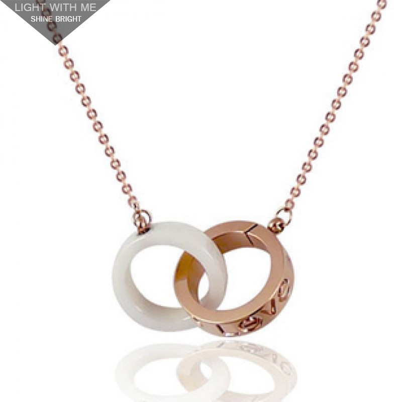 Cartier LOVE 2 Rings Charm Necklace in 18K Pink Gold & White Ceramic