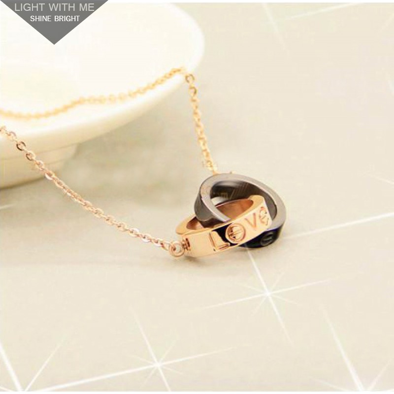 Cartier LOVE 2 Rings Charm Necklace in 18K Pink Gold With Black Ceramic