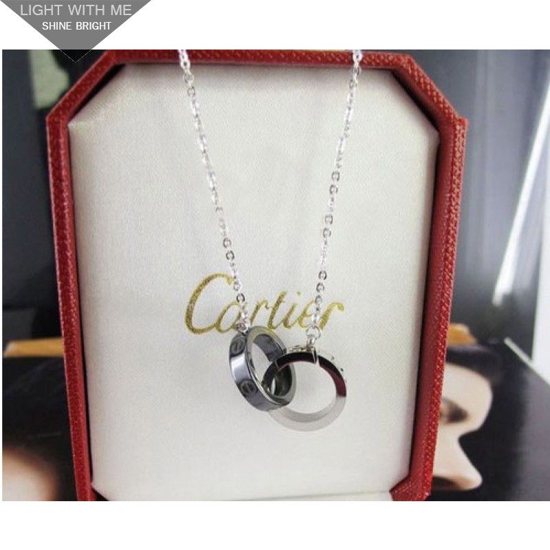 Cartier LOVE 2 Rings Charm Necklace in 18K White Gold With Black Ceramic