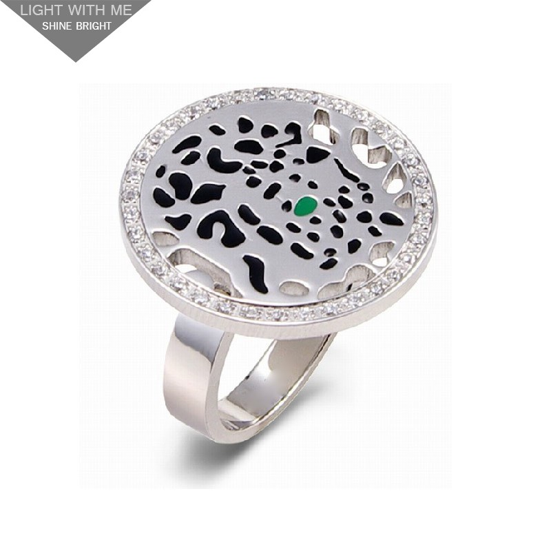 Cartier Panthere Ring in 18K White Gold Set with Diamonds, One Tsavorite Garnet Eye and Black Lacquer Spots