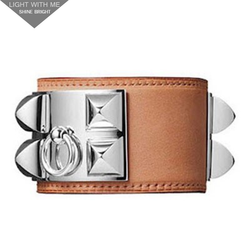 Hermes Pink Leather Collier de Chien Bracelet with White Gold Plated Clasp & Hardware 