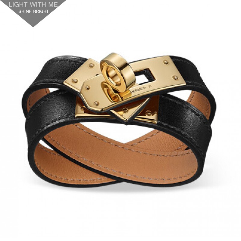 Hermes Kelly Double Tour Black Leather Bracelet with Gold-Plated Clasp