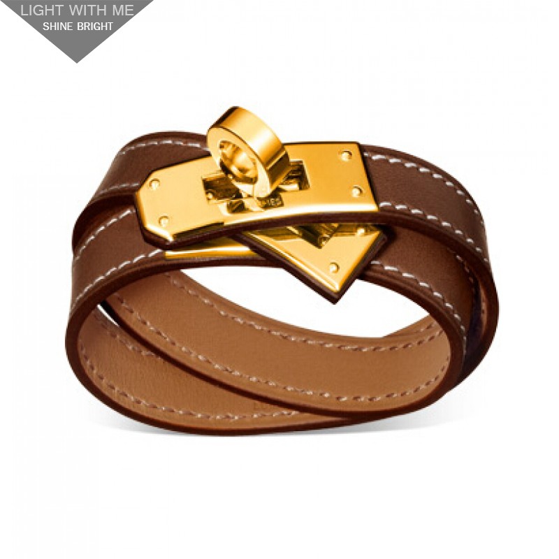 Hermes Kelly Double Tour Brown Leather Bracelet with Gold-Plated Clasp