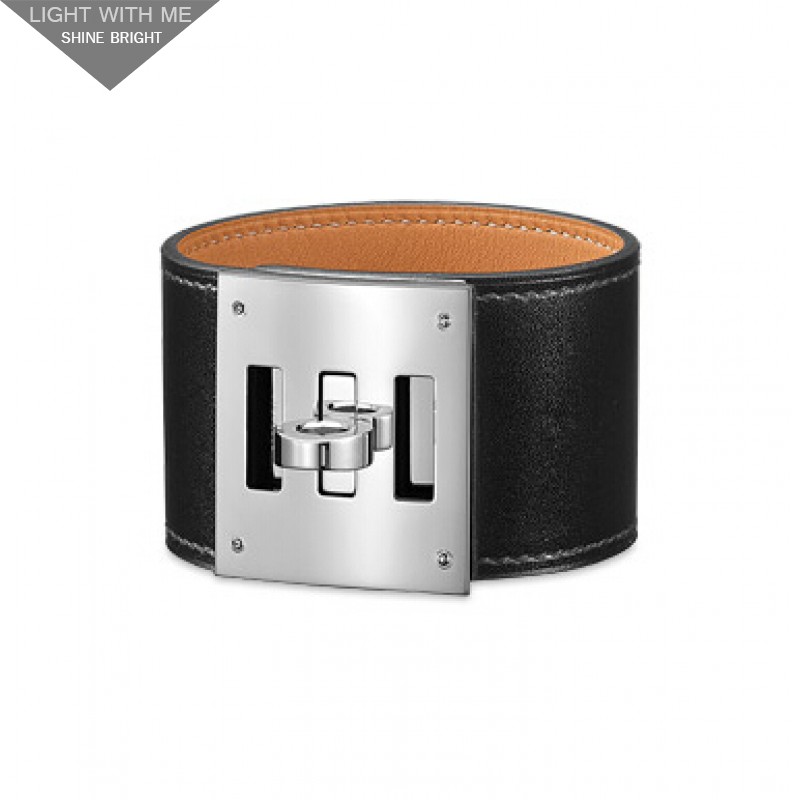 Hermes Black Leather Kelly Dog Bracelet with White Gold Plated Clasp 