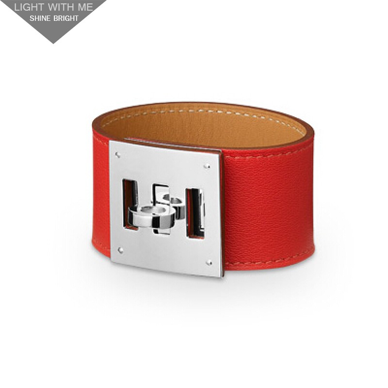 Hermes Red Leather Kelly Dog Bracelet with White Gold Plated Clasp 
