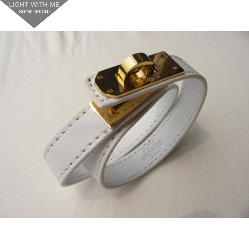 Hermes Kelly Double Tour White Leather Bracelet with Gold-Plated Clasp