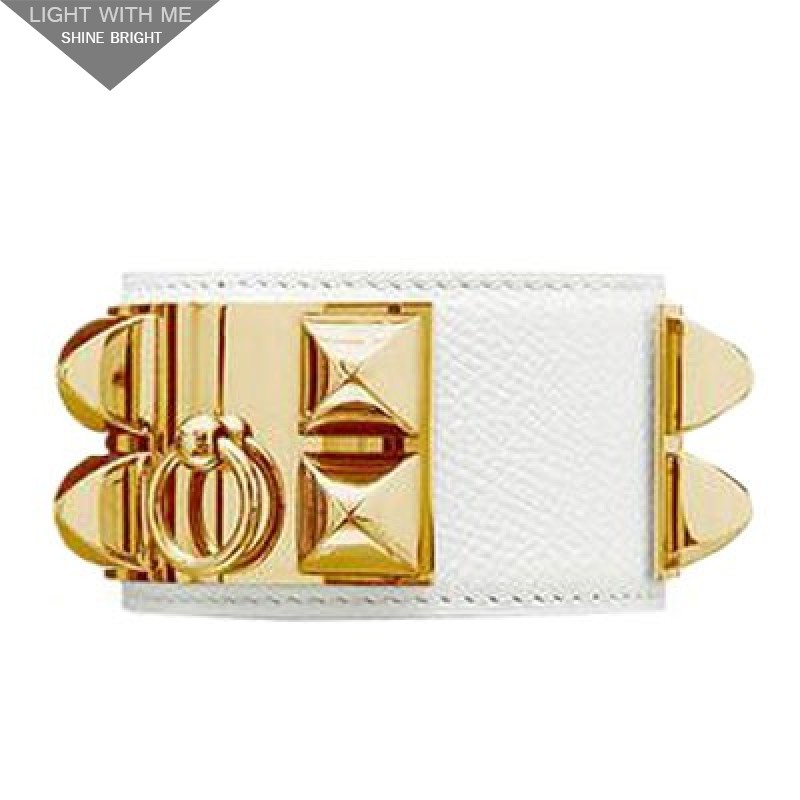 Hermes White Leather Collier de Chien Bracelet with Gold Plated Clasp & Hardware 