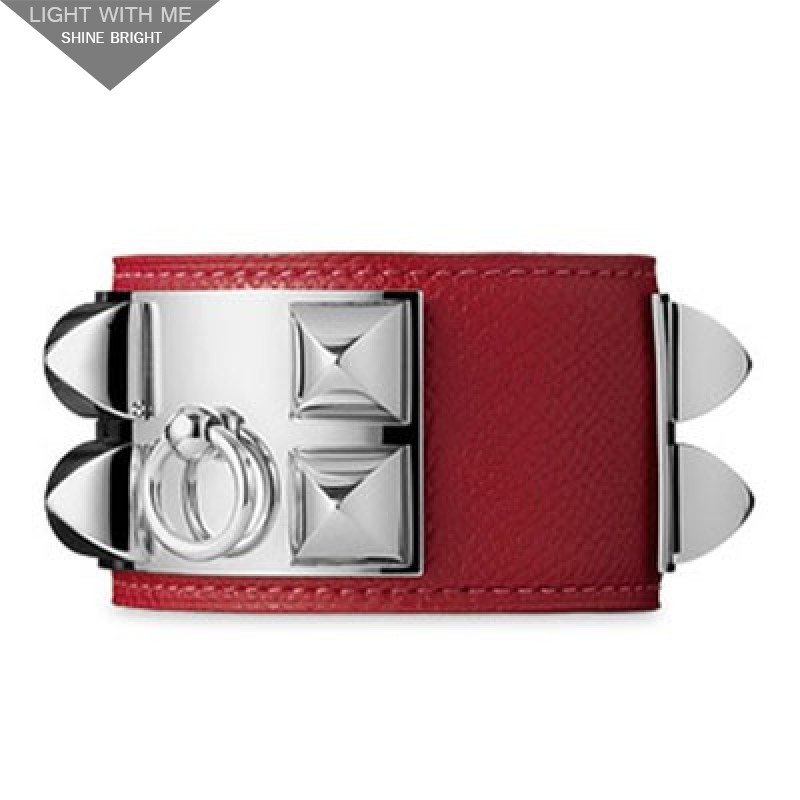 Hermes Red Leather Collier de Chien Bracelet with White Gold Plated Clasp & Hardware 