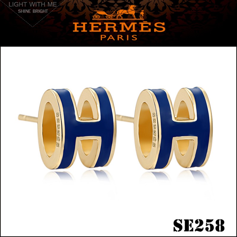 Hermes Pop H Blue Enamel Earrings in Yellow Gold 