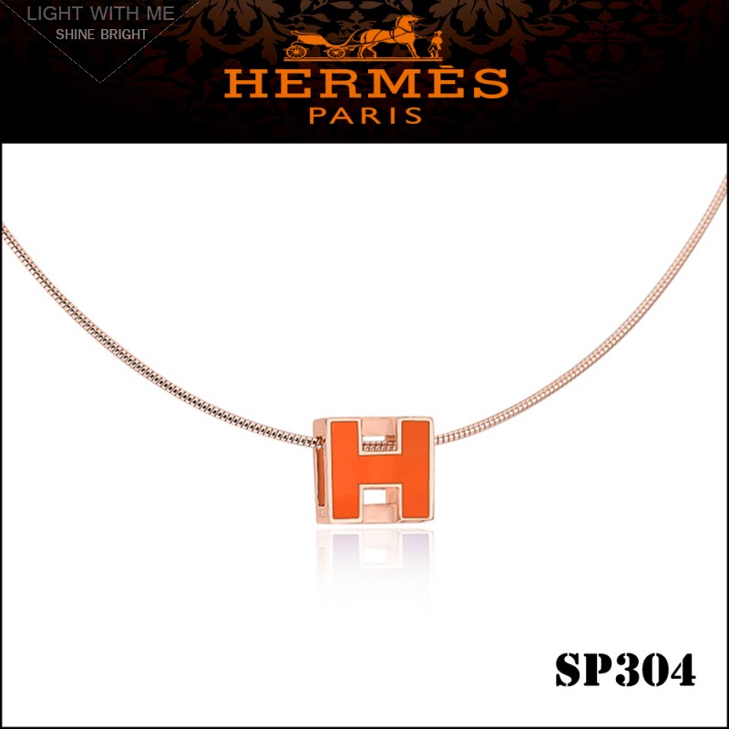 Hermes Cage d'H Orange Lacquer Pendant Rose Gold 