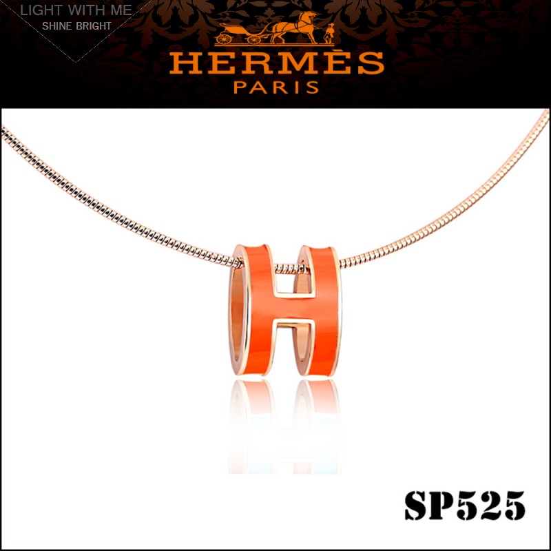 Hermes Pop H Narrow Pendant Necklace in Orange Enamel with Rose Gold Plating