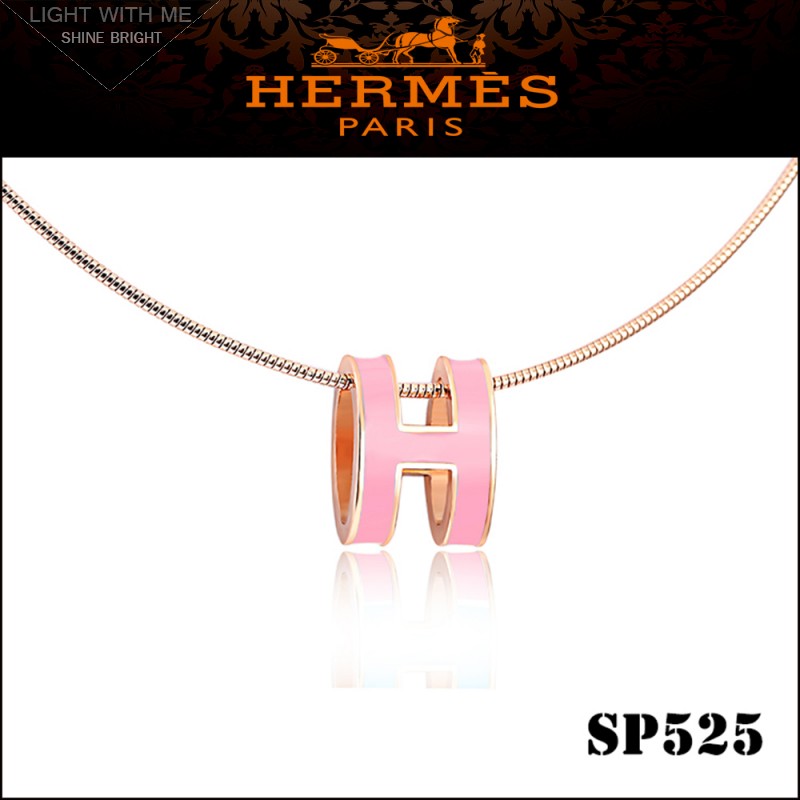 Hermes Pop H Narrow Pendant Necklace in Pink Enamel with Rose Gold Plating