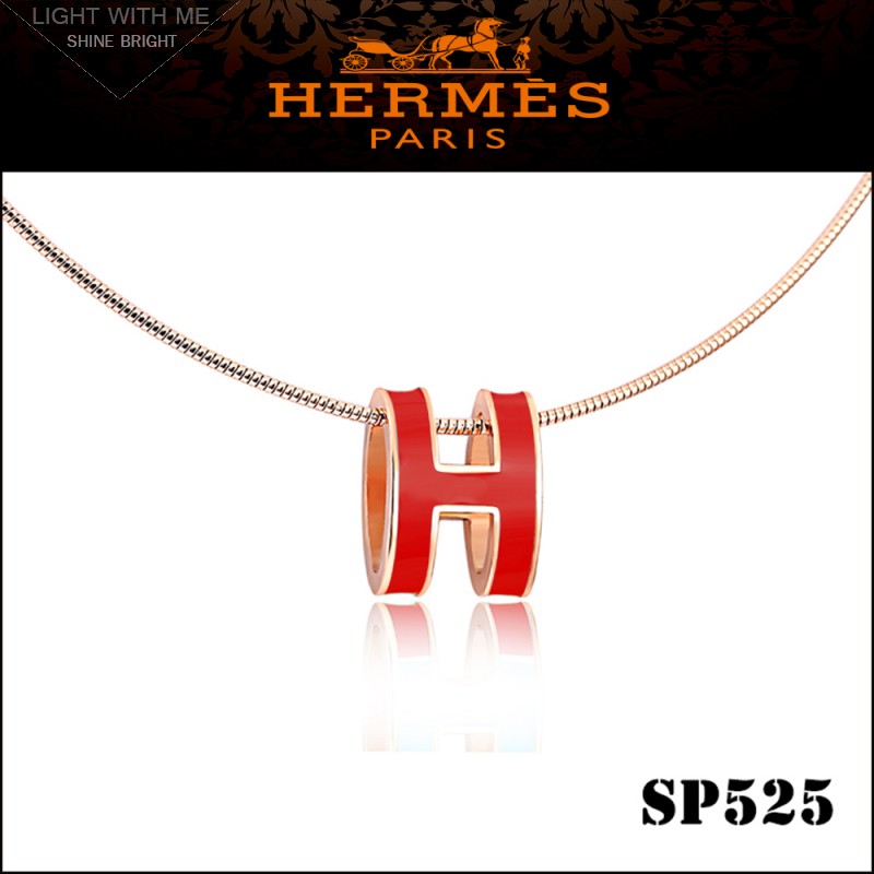 Hermes Pop H Narrow Pendant Necklace in Red Enamel with Rose Gold Plating