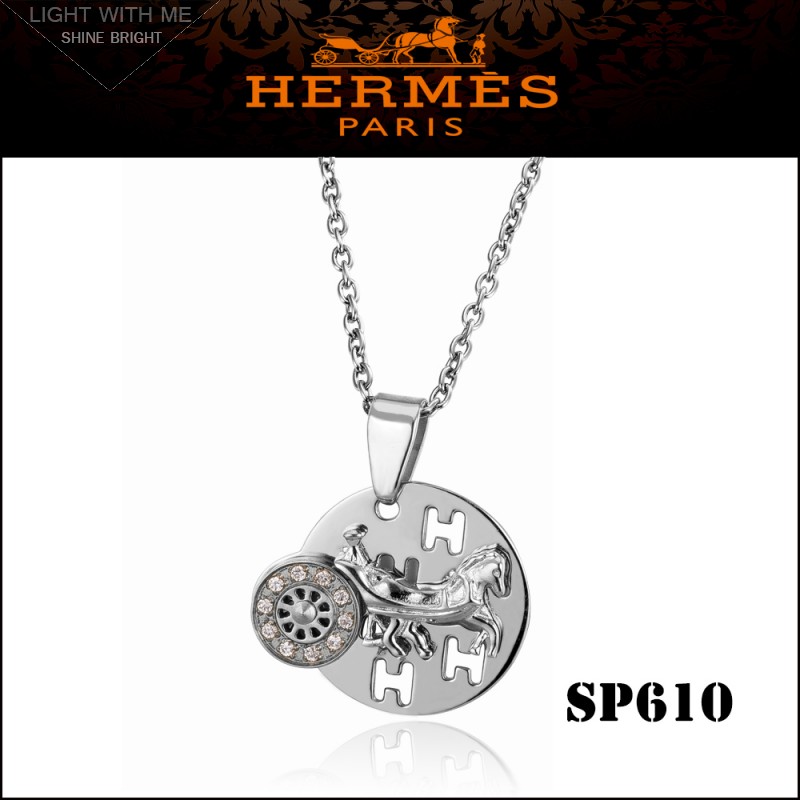 Hermes Logo Silver Pendant with Diamonds