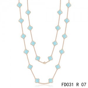 Van Cleef & Arpels Vintage Alhambra 20 Motifs Long Necklace Pink Gold Turquoise