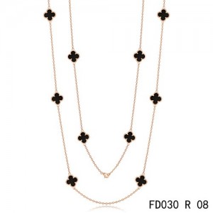 Van Cleef & Arpels Vintage Alhambra 10 Black Onyx Motifs Pink Gold Long Necklace