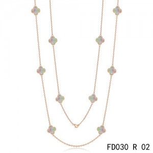 Van Cleef & Arpels Vintage Alhambra 10 Grey Mother of Pearl Motifs Pink Gold Long Necklace