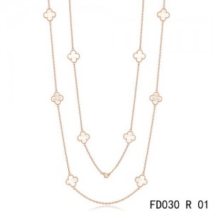 Van Cleef & Arpels Vintage Alhambra 10 White Mother of Pearl Motifs Pink Gold Long Necklace