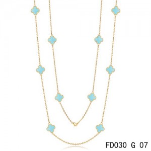 Van Cleef & Arpels Vintage Alhambra 10 Turquoise Motifs Yellow Gold Long Necklace