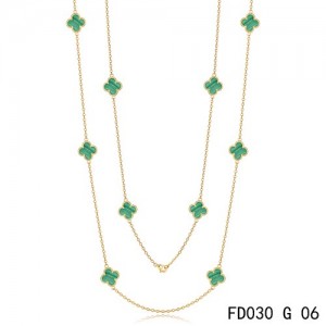 Van Cleef & Arpels Vintage Alhambra 10 Malachite Motifs Yellow Gold Long Necklace