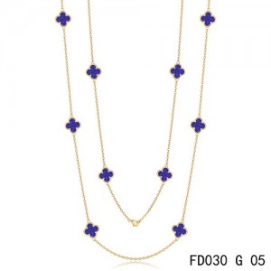 Van Cleef & Arpels Vintage Alhambra 10 Lapis lazuli Motifs Yellow Gold Long Necklace