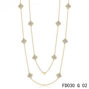 Van Cleef & Arpels Vintage Alhambra 10 Grey Mother of Pearl Motifs Yellow Gold Long Necklace