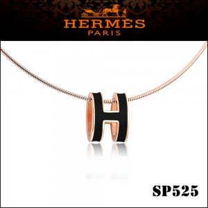 Hermes Pop H Narrow Pendant Necklace in Black Enamel with Rose Gold Plating