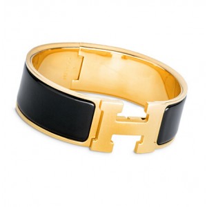 Hermes Black Enamel Clic Clac H Wide Bracelet in Yellow Gold