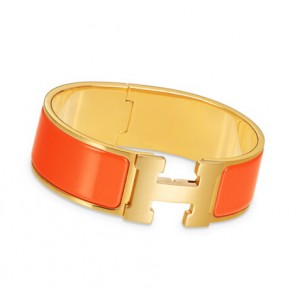 Hermes Orange Enamel Clic Clac H Wide Bracelet in Yellow Gold