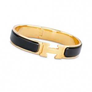 Hermes Black Enamel Clic H Narrow Bracelet in Yellow Gold 