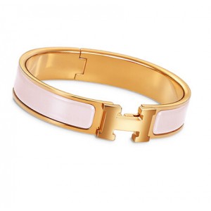 Hermes Rose Nymphe Enamel Clic H Narrow Bracelet in Yellow Gold 