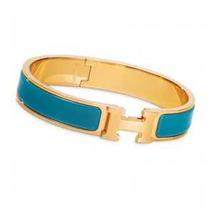 Hermes Blue Indien Enamel Clic H Narrow Bracelet in Yellow Gold 